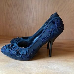 Vintage Karen Millen Teal Blue Silk Evening Pumps